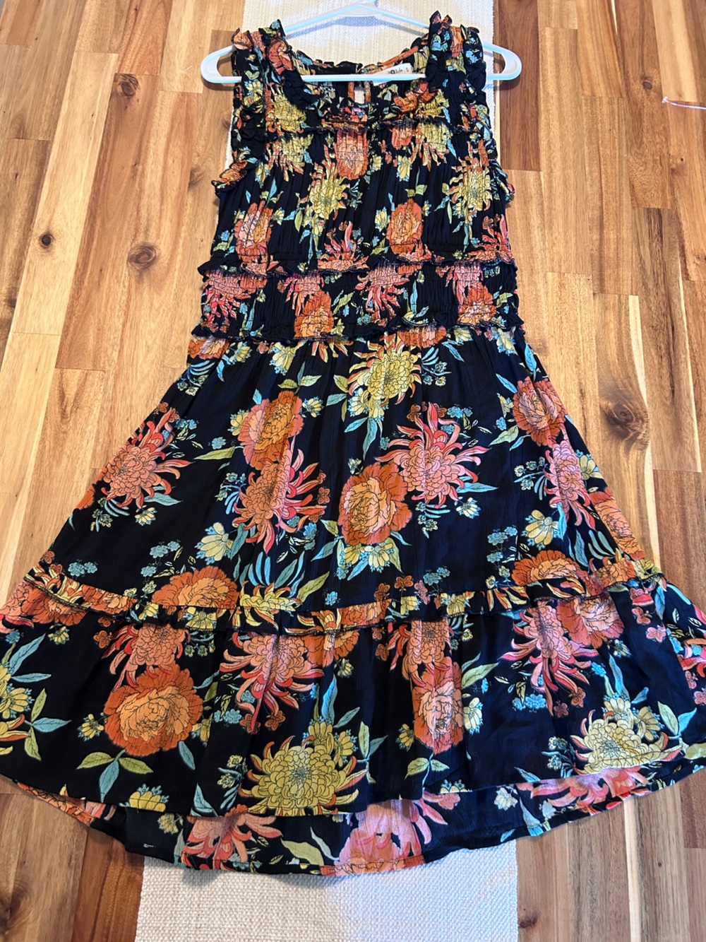 Natural Life Elsie Ruffle Smocked Mini Dress Black Marigold Floral Boho Size S
